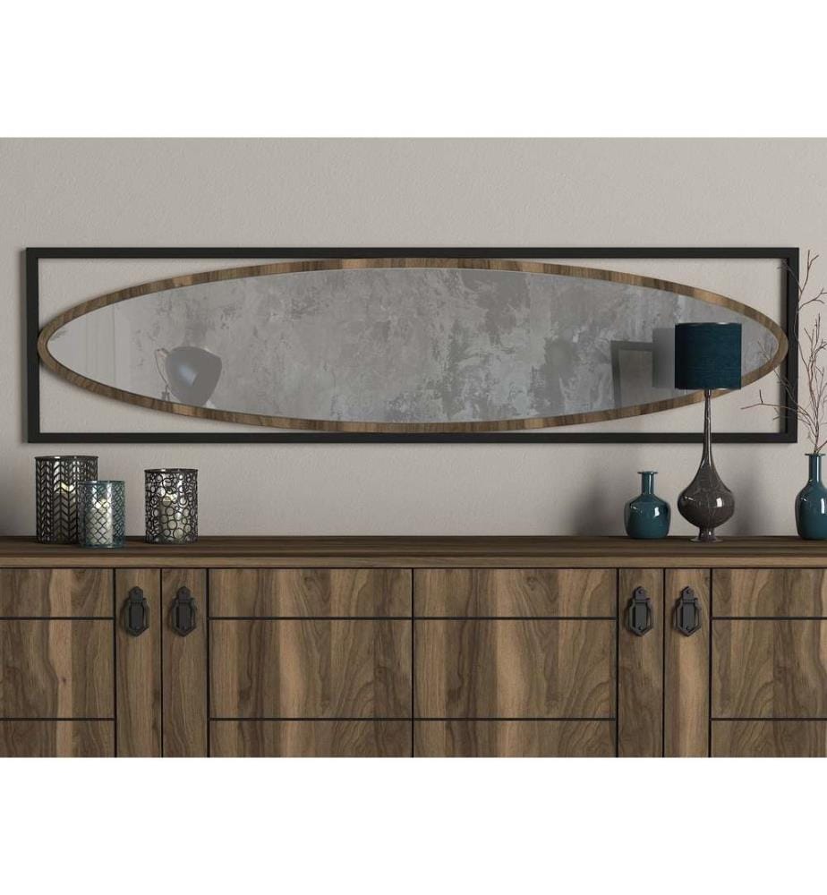 Specchio decorativo in legno, noce nero, pannello di particelle rivestito di melamina, cornice in metallo