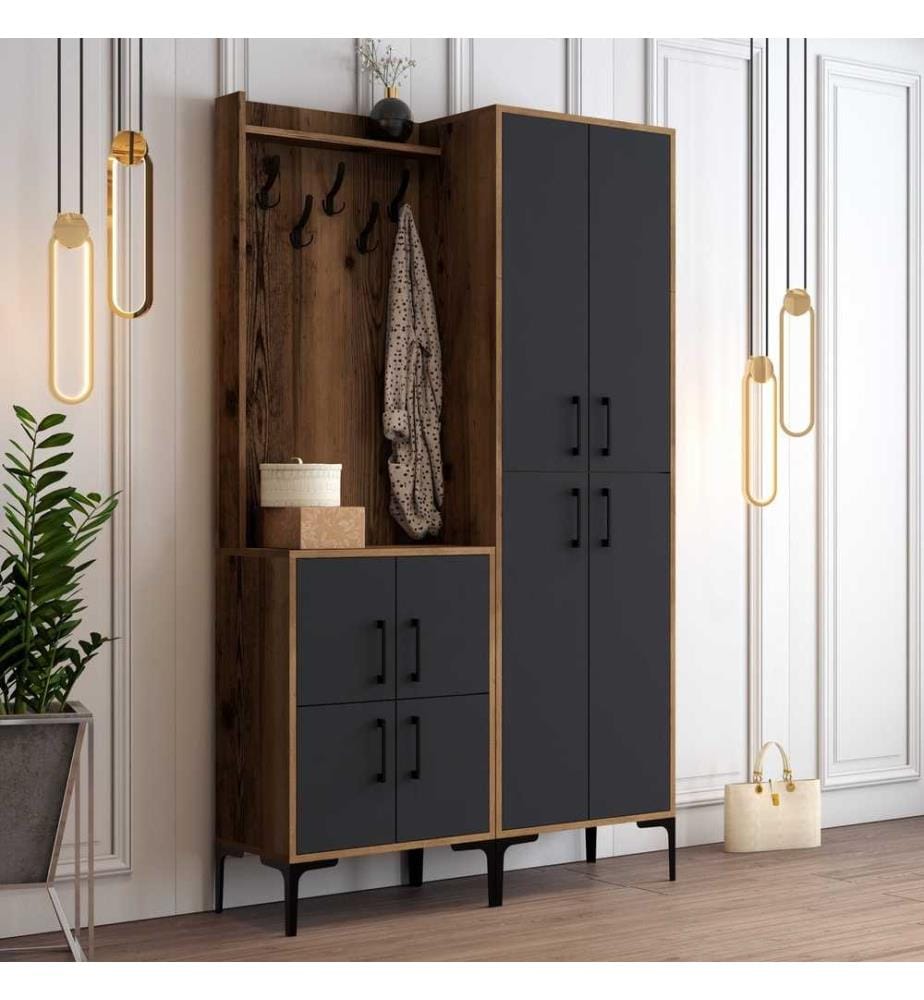 Hall Stand, Noyer, Anthracite, Panneau de particules mélaminé