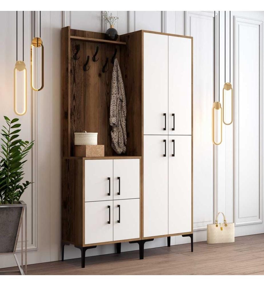 Hall Stand, noyer, blanc, panneau de particules mélaminé