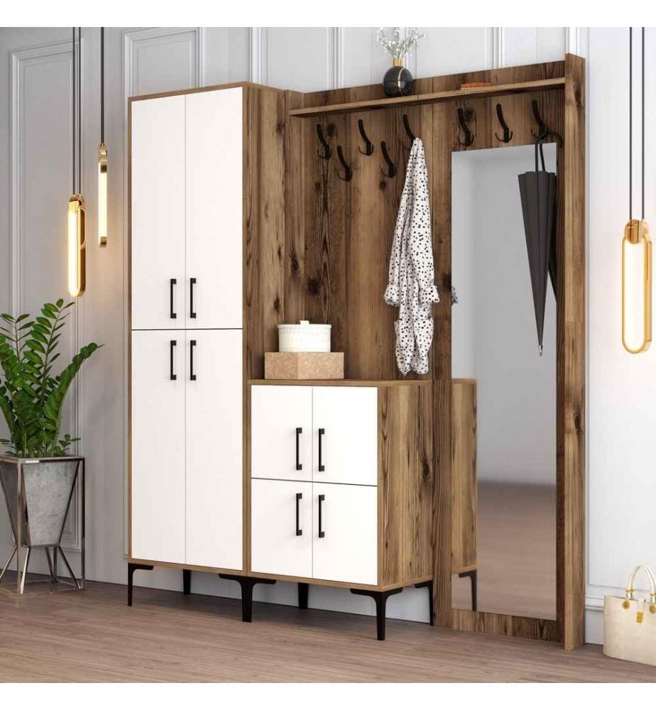 Hall Stand, noyer, blanc, panneau de particules mélaminé