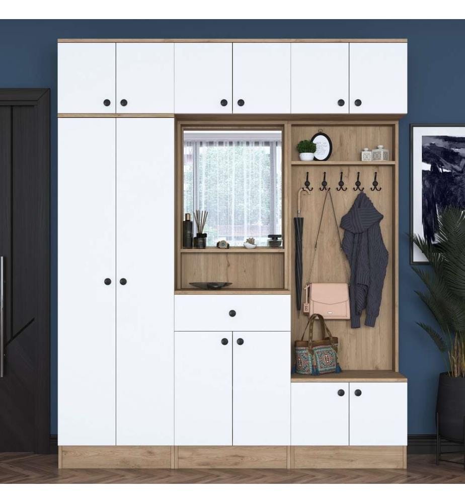 Hall Stand, noyer, blanc, panneau de particules mélaminé