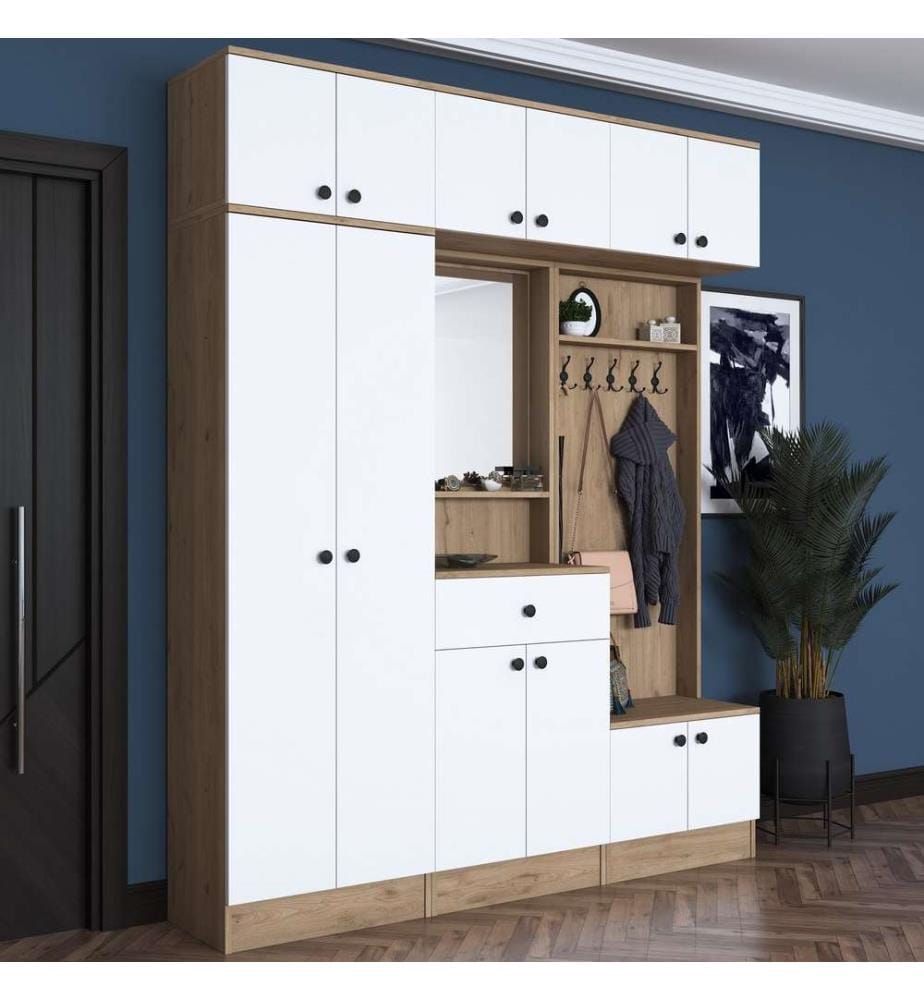 Hall Stand, noyer, blanc, panneau de particules mélaminé