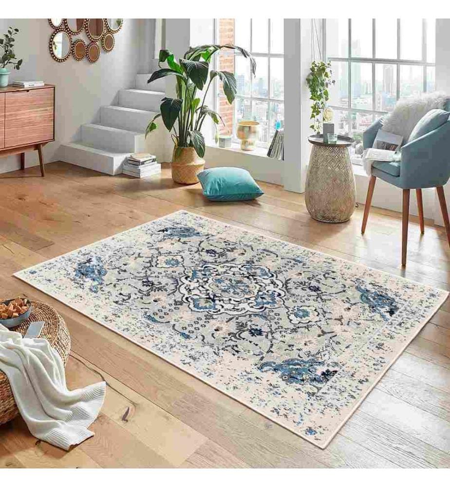 Teppich, Grau, Blau, 70% Baumwolle - 30% Chenille, 100 x 200 cm