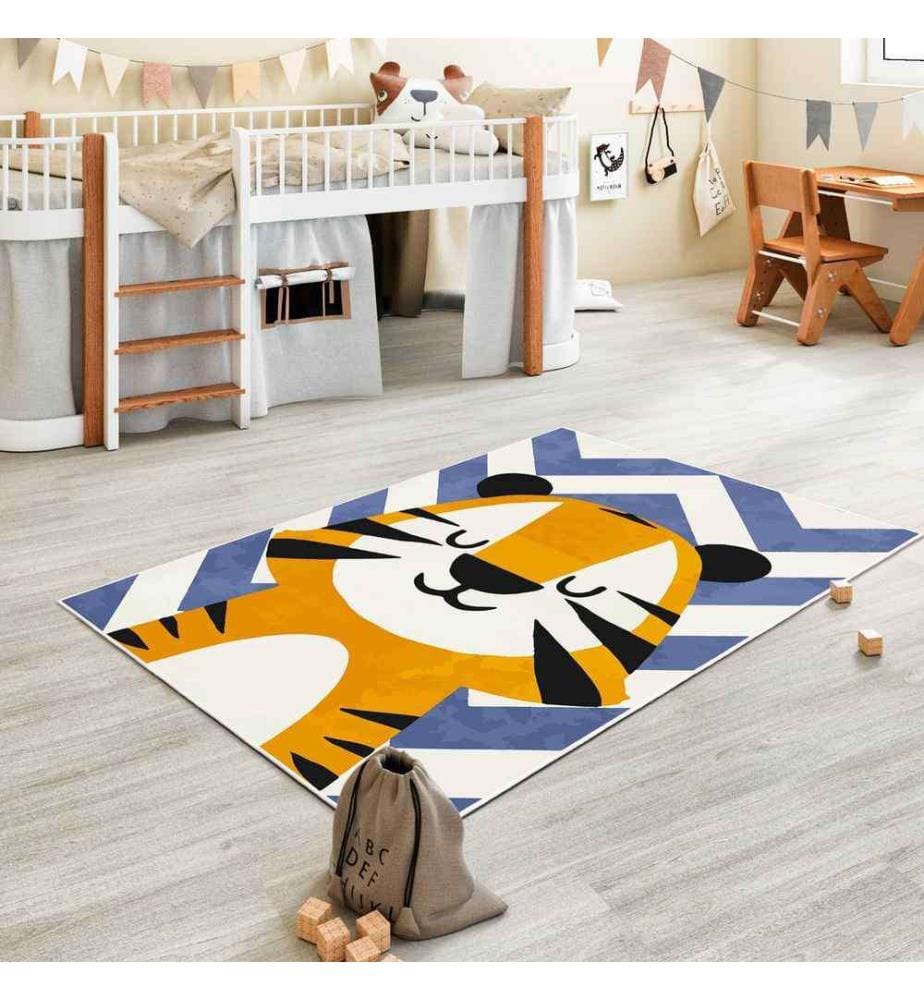 Tappeto, Arancione, Blu, 70% Cotone - 30% Ciniglia, 100 x 150 cm