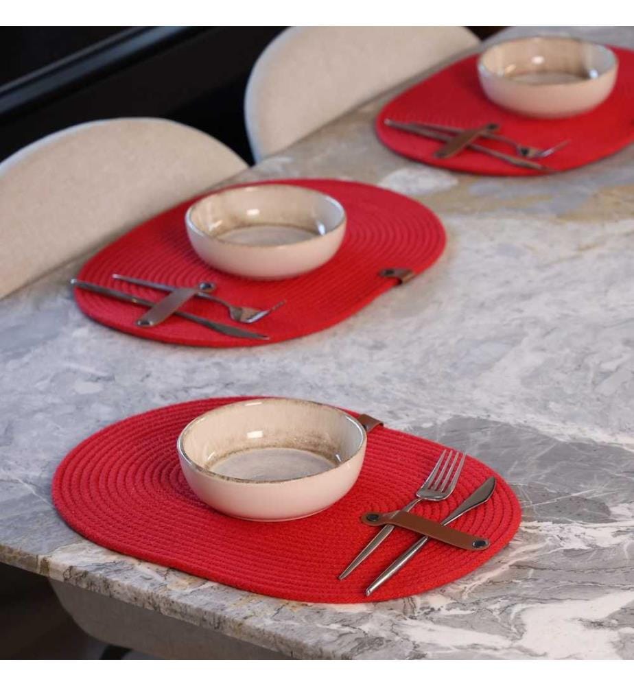 Set de tapis de table, 6 pièces, rouge, 100% coton corde de jute, fait à la main