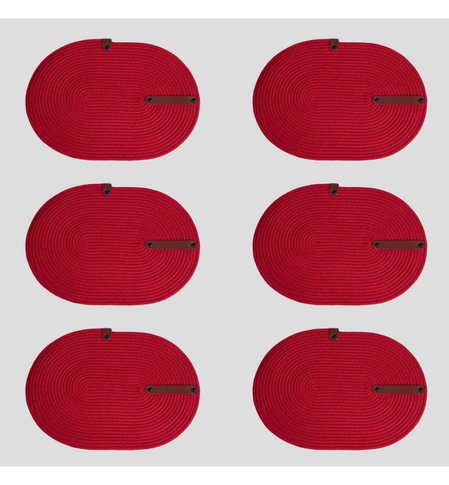 Set de tapis de table, 6 pièces, rouge, 100% coton corde de jute, fait à la main