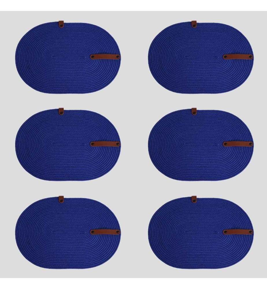 Set de tapis de table, 6 pièces, bleu, 100% coton corde de jute, fait à la main