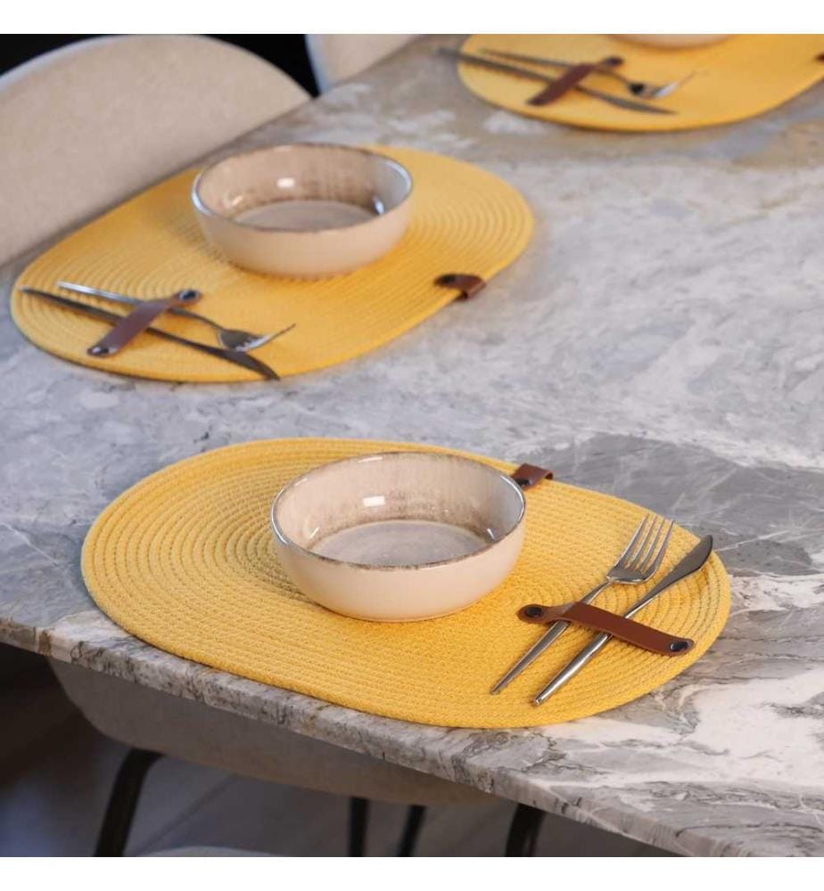 Set de tapis de table, 6 pièces, jaune, 100% coton corde de jute, fait à la main