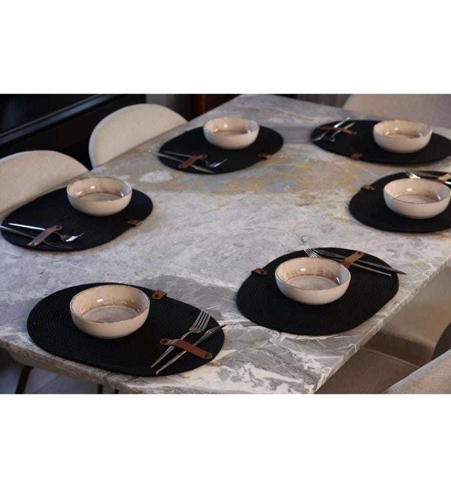 Set de tapis de table, 6 pièces, noir, 100% coton corde de jute, fait à la main