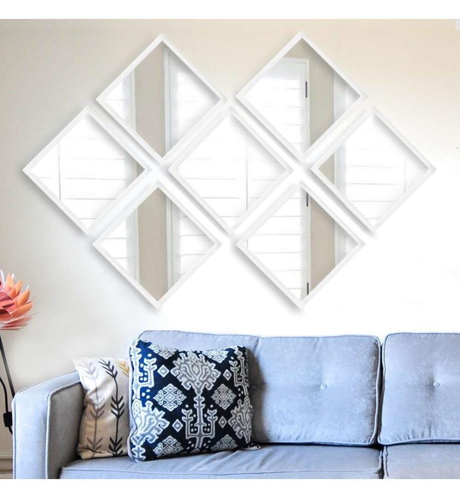 Set de miroirs, 7 pièces, blanc argent, verre, cadre en plastique stratifié