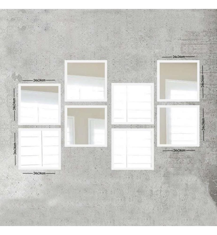 Set de miroirs, 8 pièces, blanc argent, verre, cadre en plastique stratifié