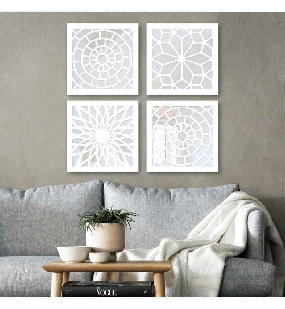 Set de miroirs, 4 pièces, argent, verre, MDF, découpe laser