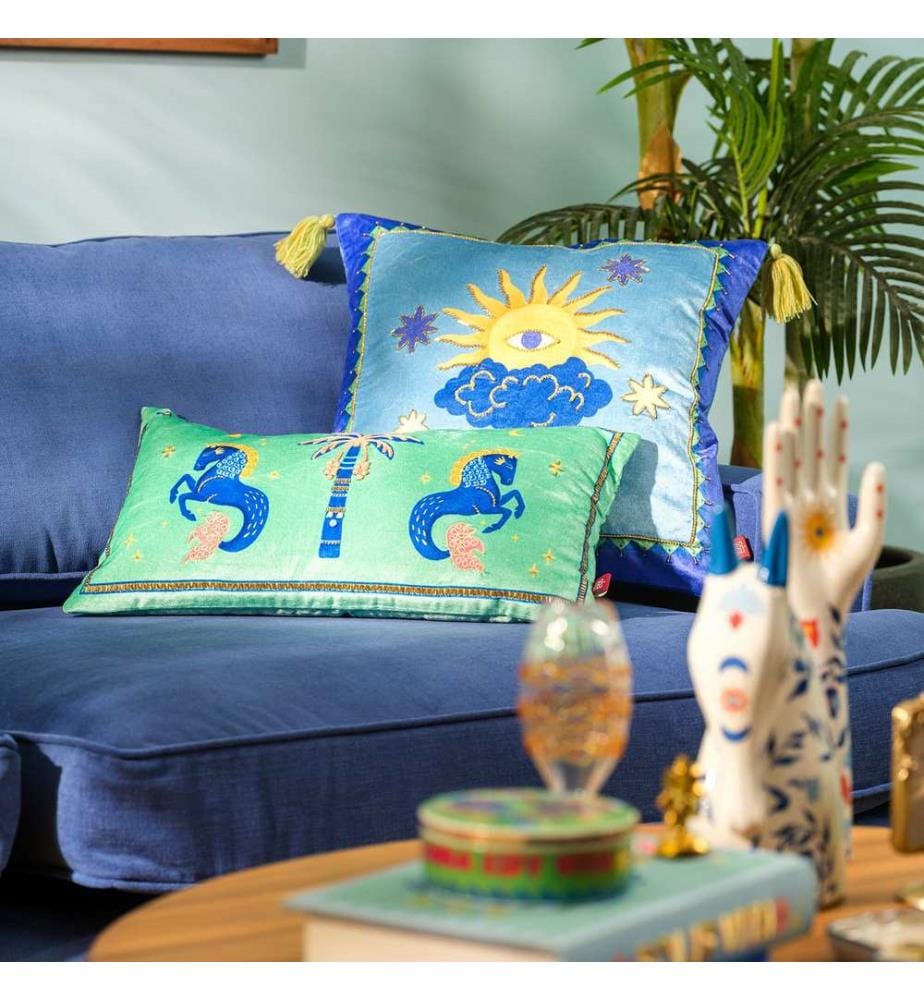 Cuscino, blu, 55% viscosa / 45% velluto di cotone