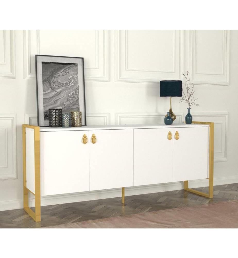 Console, bianco, oro, pannello di particelle rivestito in melamina, struttura in metallo