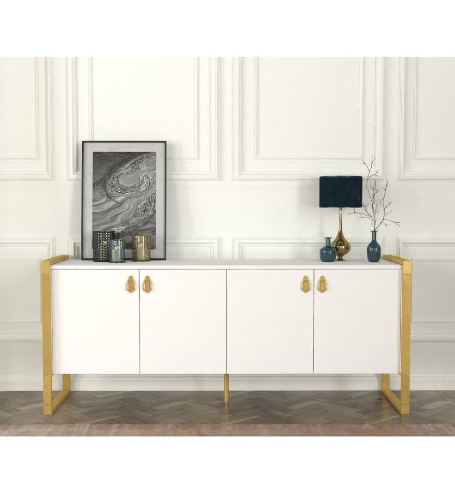 Console, bianco, oro, pannello di particelle rivestito in melamina, struttura in metallo