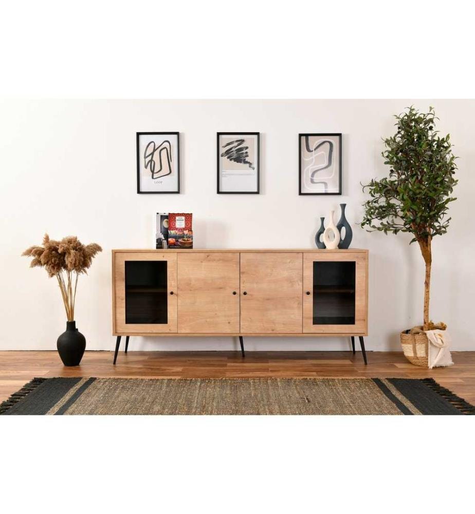 Console, Rovere, Nero, Pannello di particelle rivestito in melamina, Gambe in metallo
