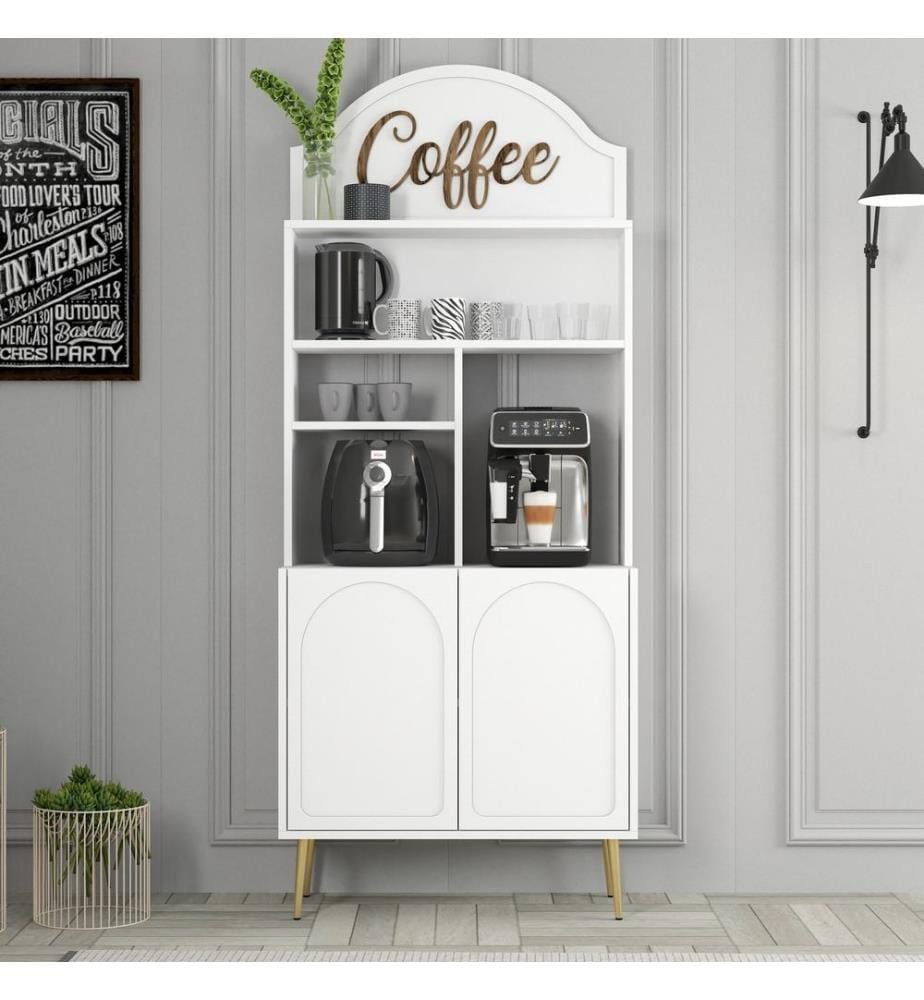 Coffee Bar Cabinet, White, Gold, 100% MELAMINE COATED PARTICLE BOARD