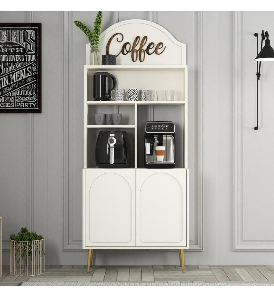 Coffee Bar Cabinet, Cream, Gold, 100% MELAMINE COATED PARTICLE BOARD
