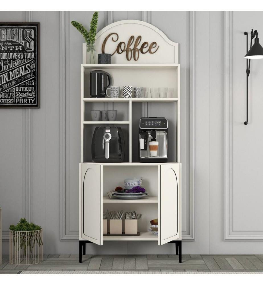 Coffee Bar Cabinet, Cream, Black, 100% MELAMINE COATED PARTICLE BOARD