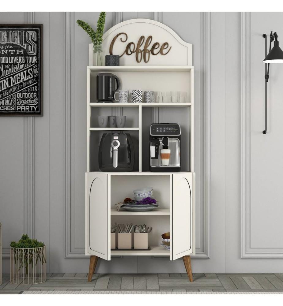Coffee Bar Cabinet, Cream, Walnut, 100% MELAMINE COATED PARTICLE BOARD