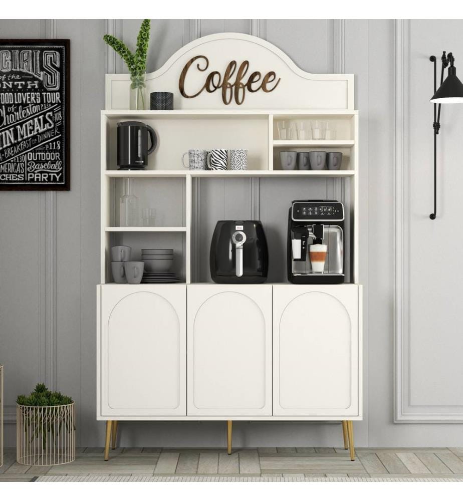 Coffee Bar Cabinet, Cream, Gold, 100% MELAMINE COATED PARTICLE BOARD