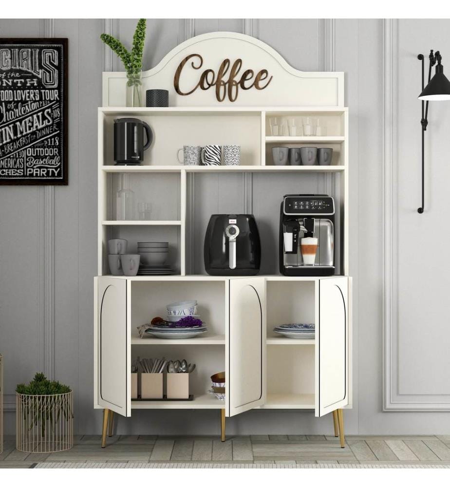Coffee Bar Cabinet, Cream, Gold, 100% MELAMINE COATED PARTICLE BOARD