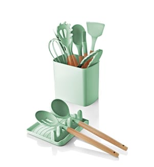 Set di cucchiai, 13 pezzi, verde chiaro, MANICO 100% LEGNO