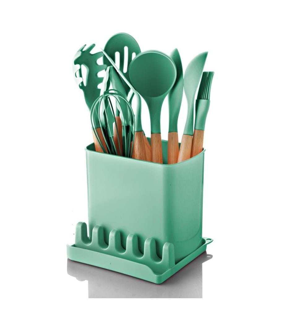 Spoon Set, 13 Pieces, Green, 100% WOODEN HANDLE
