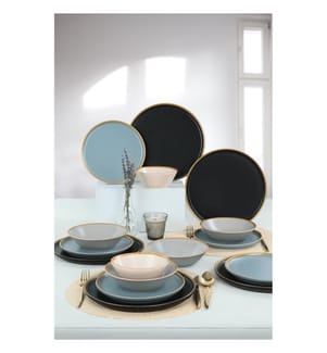 Set da pranzo in ceramica, 24 pezzi, nero, oro, bianco, blu, 100% Ceramic, antibatterico