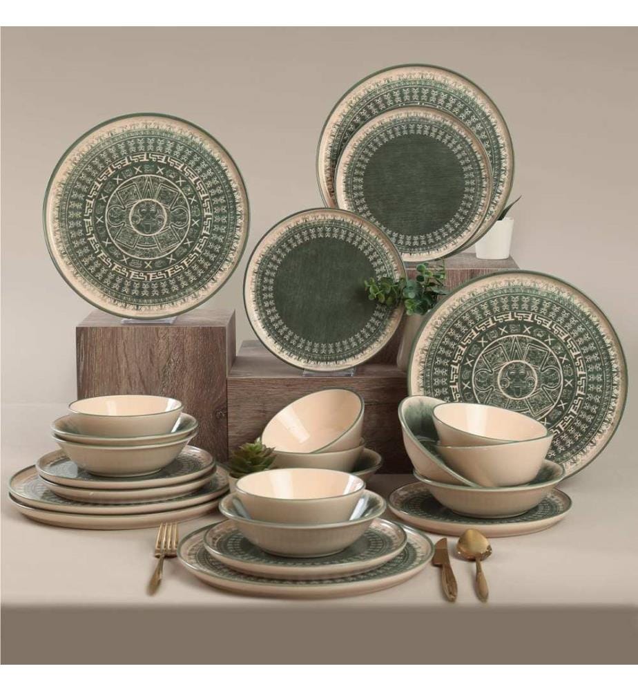Ceramic Dinner Set, 24 Pieces, Green, Cream, 100% Ceramic Stoneware, Antibacterial