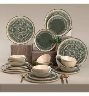 Set da pranzo in ceramica, 24 pezzi, Verde, Crema, 100% Ceramic Gres, Antibatterico