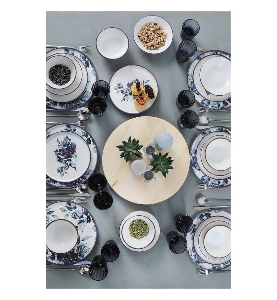 Ceramic Dinner Set, 24 Pieces, White,Blue,Purple, 100% CERAMIC