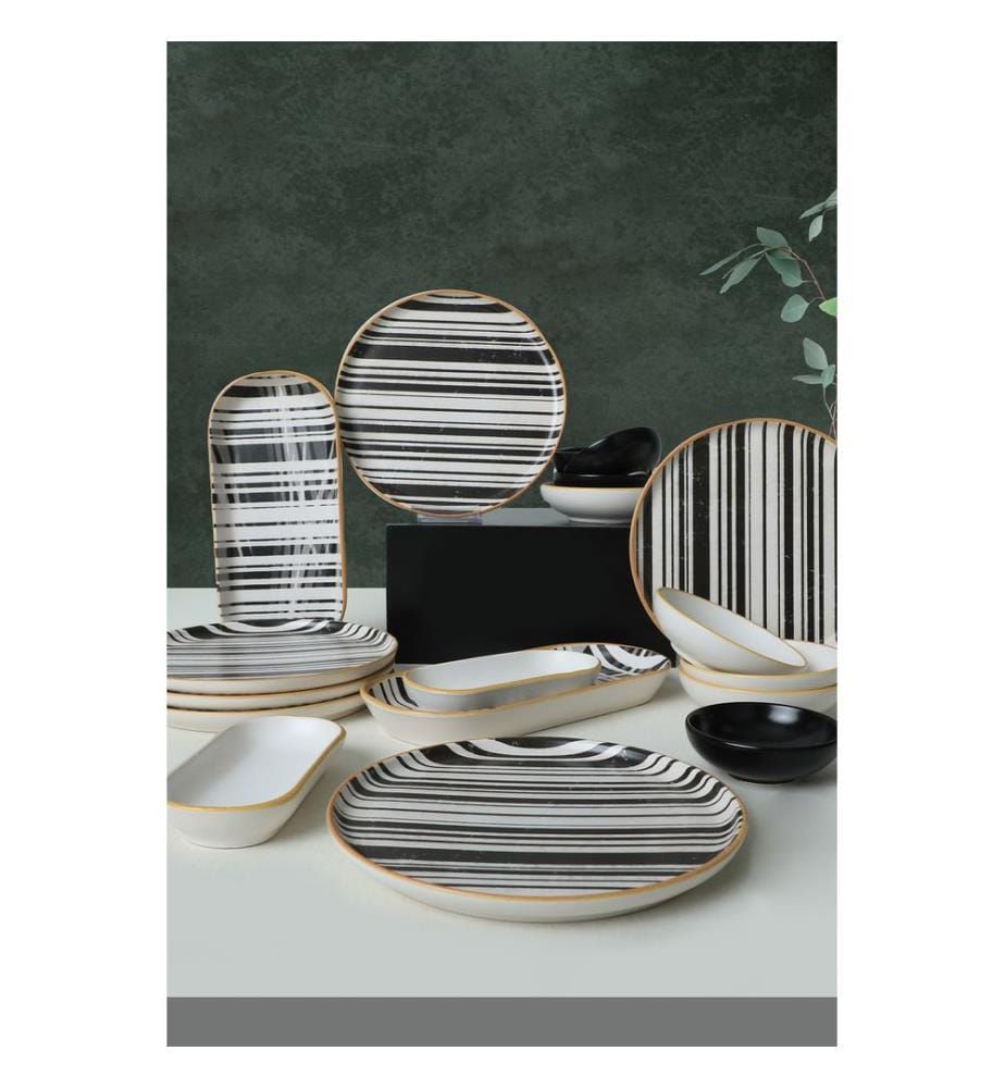 Breakfast Set, 18 Pieces, Black, White, 100% Ceramic, Antibacterial