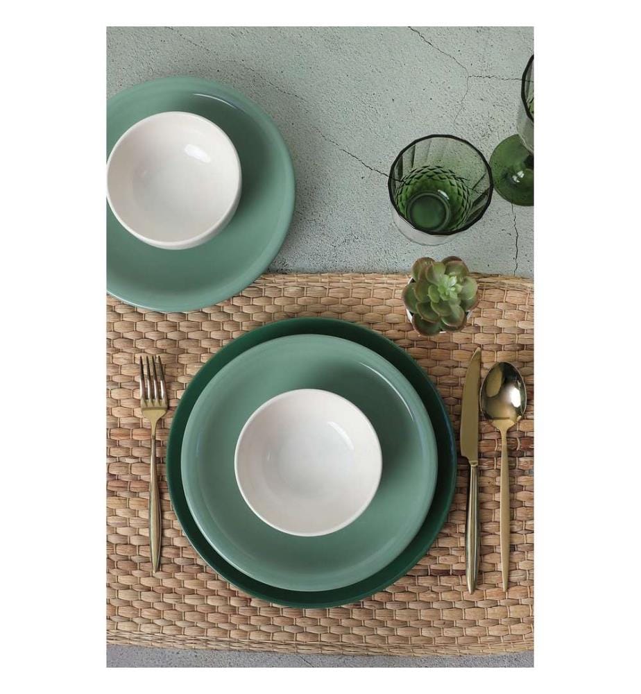Ceramic Dinner Set, 18 Pieces, Green, White, 100% Ceramic, Antibacterial