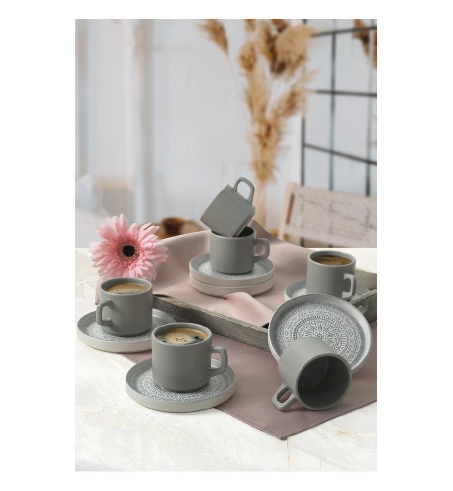 Tea Cup Set, 12 Pieces, Grey, 100% Ceramic, Antibacterial