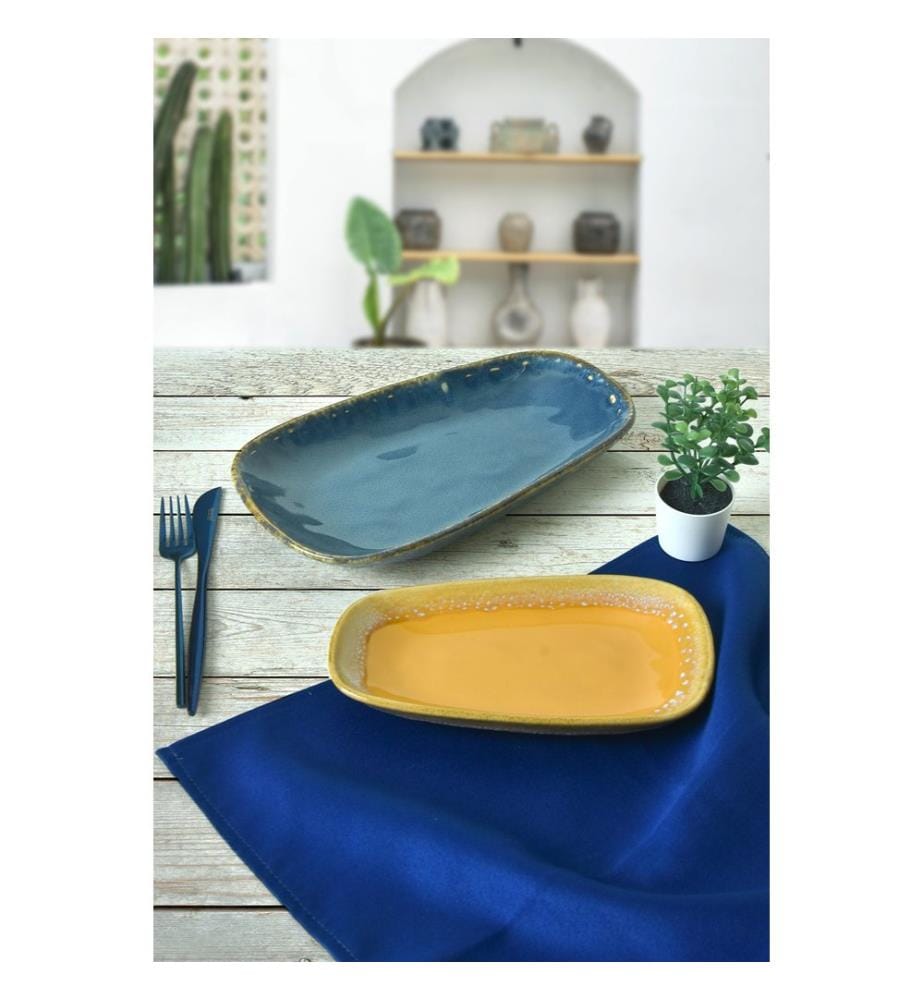 Set di piatti, 2 pezzi, Senape, Blu, 100% Ceramic Gres, Antibatterico