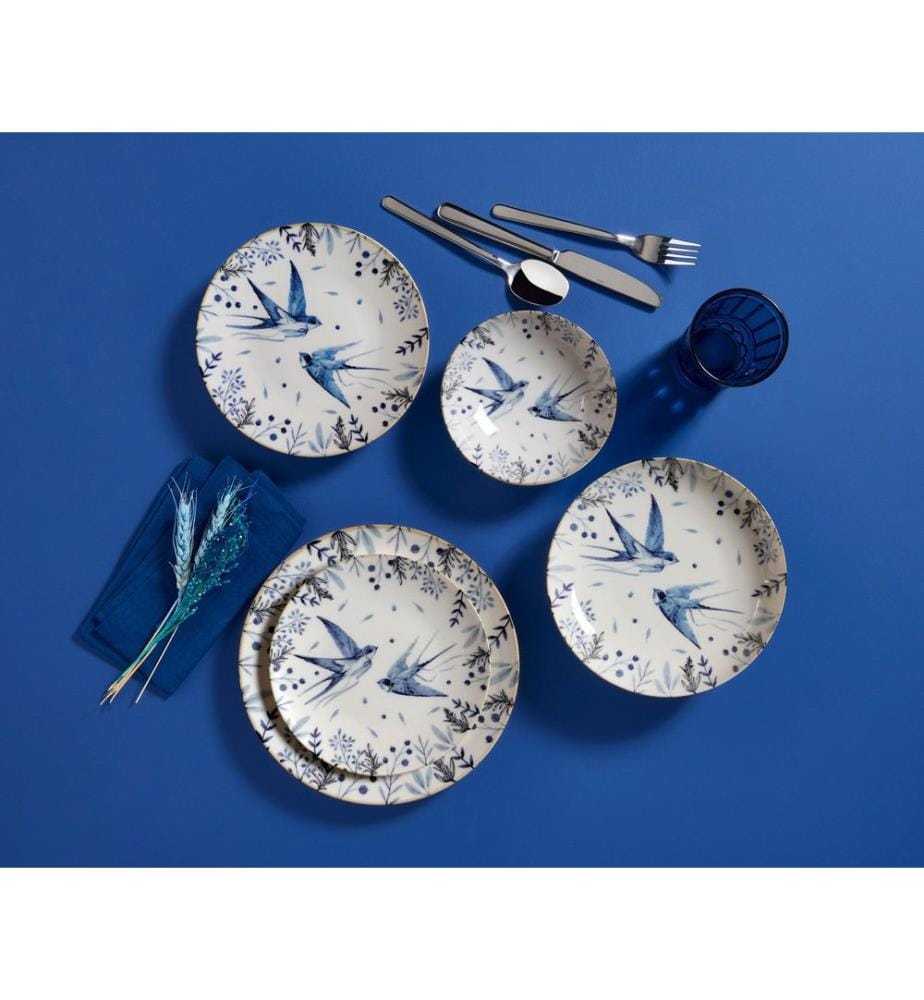 Dinner Set, 24 Pieces, White,Blue,Black, 100% PORCELAIN