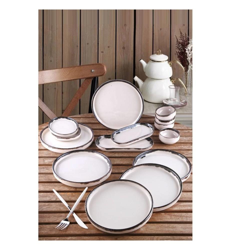 Breakfast Set, 14 Pieces, Light Brown,Whiite, 100% CERAMIC
