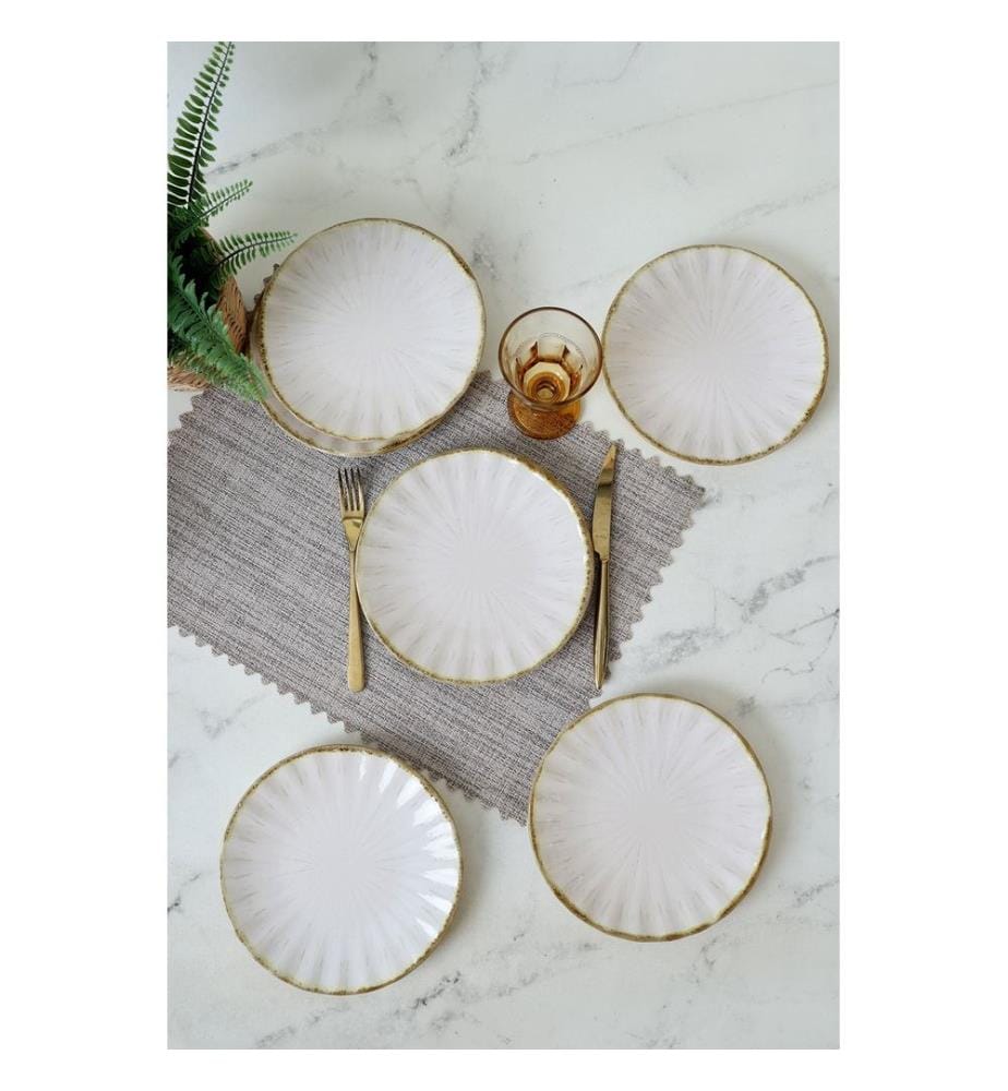 Dessert Plate Set, 6 Pieces, White,Gold, 100% CERAMIC STONEWARE