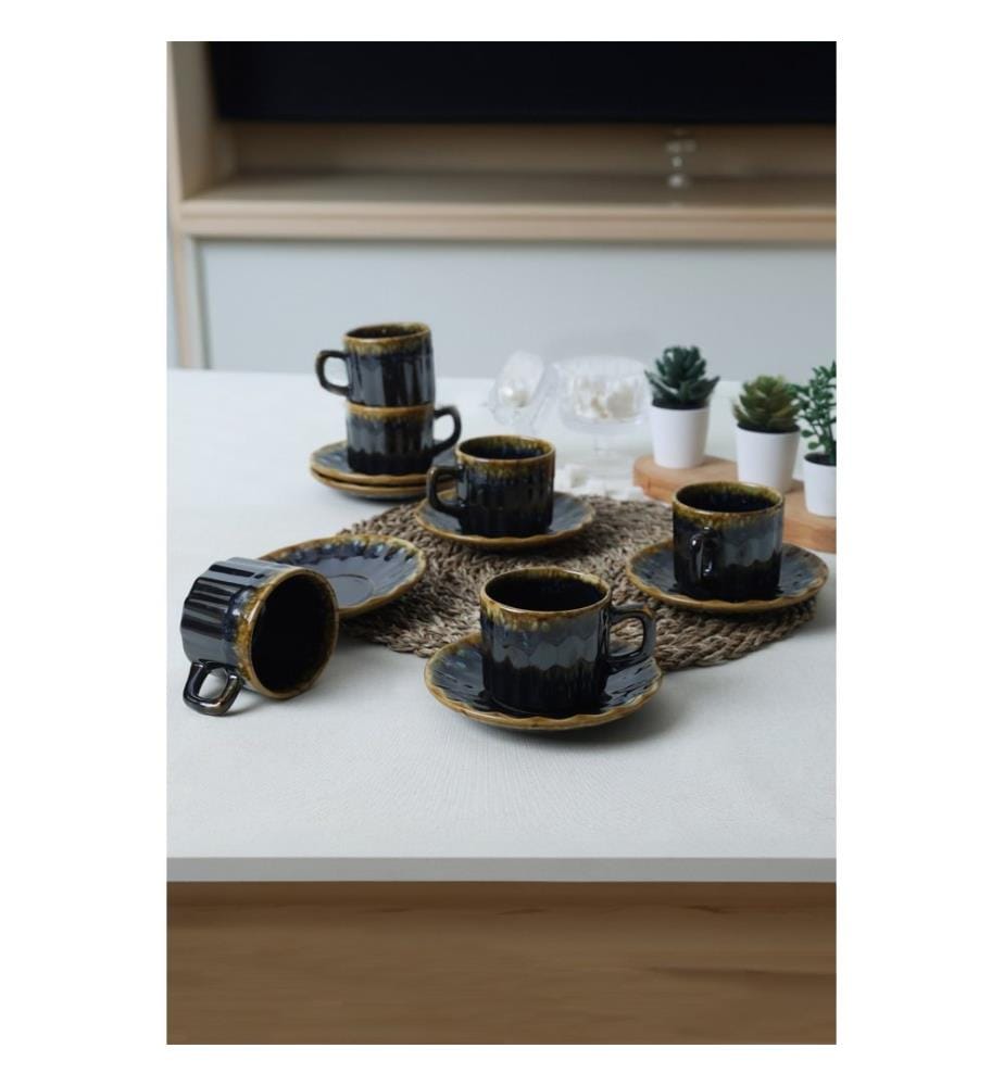 Tea Cup Set, 12 Pieces, Dark Blue,Gold, 100% CERAMIC STONEWARE