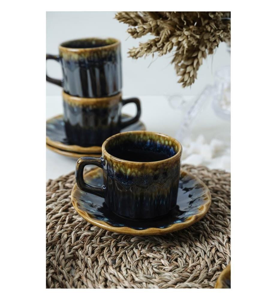 Tea Cup Set, 12 Pieces, Dark Blue,Gold, 100% CERAMIC STONEWARE