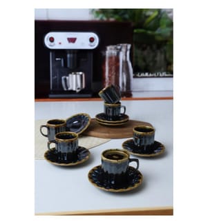 Coffee Cup Set, 12 Pieces, Black,Gold, 100% CERAMIC STONEWARE