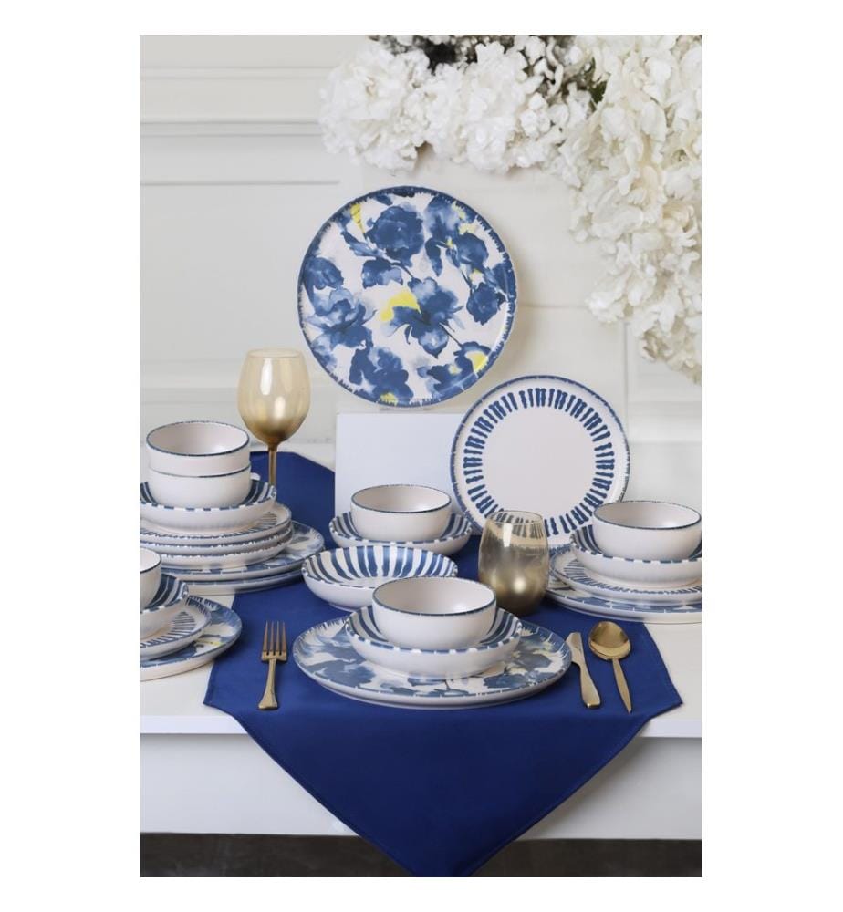 Dinner Set, 24 Pieces, Blue,White, 100% CERAMIC STONEWARE