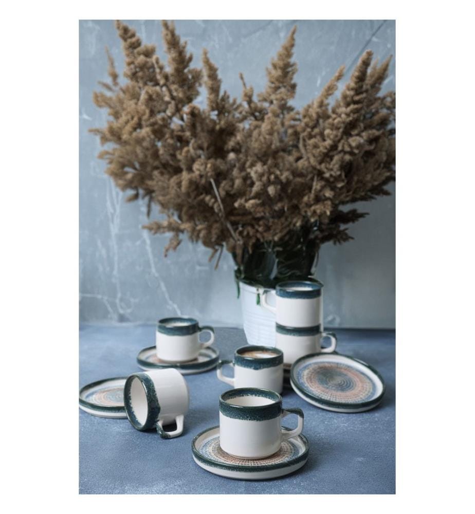 Tea Cup Set, 12 Pieces, White,Dark Blue, 100% CERAMIC STONEWARE