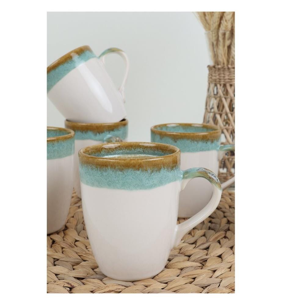 Mug Set, 6 Pieces, White,Green, 100% CERAMIC STONEWARE