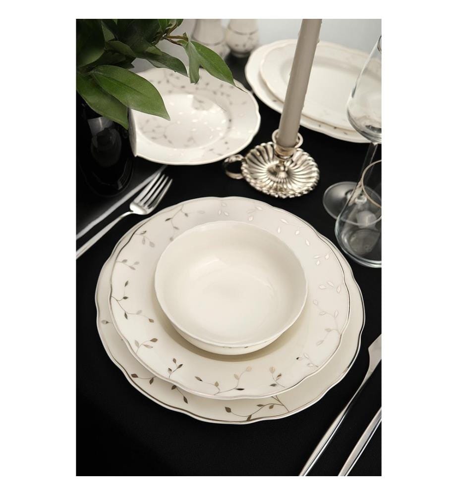 Dinner Set, 56 Pieces, White,Silver, 100% BONE CHINA