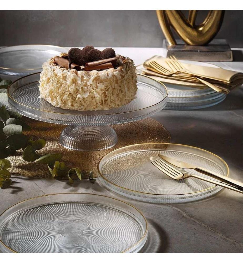 Set di piatti da dessert, 7 pezzi, trasparente, oro, 100% VETRO