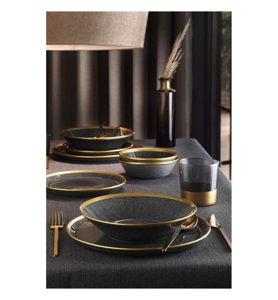 Dinner Set, 8 Pieces, Black, Gold, 100% Porcelain