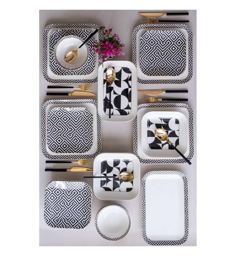 Dinner Set, 26 Pieces, White,Black,Gold, 100% PORCELAIN