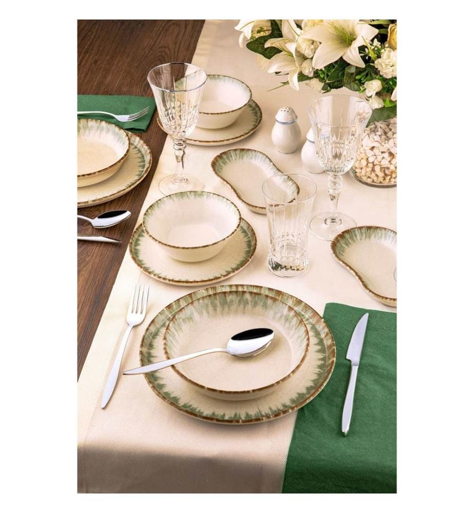 Dinner Set, 27 Pieces, Green, Brown, White, 100% Porcelain